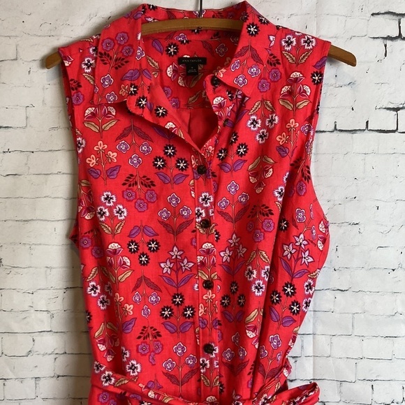 Ann Taylor Linen Blend Sleeveless Floral Print Shirtdress 12 Office Vacation - Picture 4 of 16